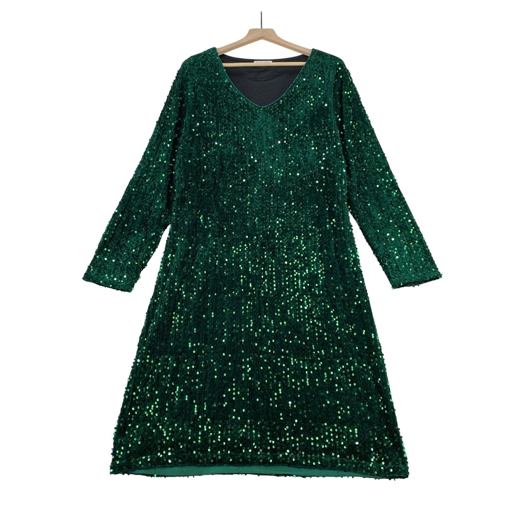 IN'VOLAND Sequin V-Neck Shift Dress Women 22W Green Sparkly LS Holiday Party